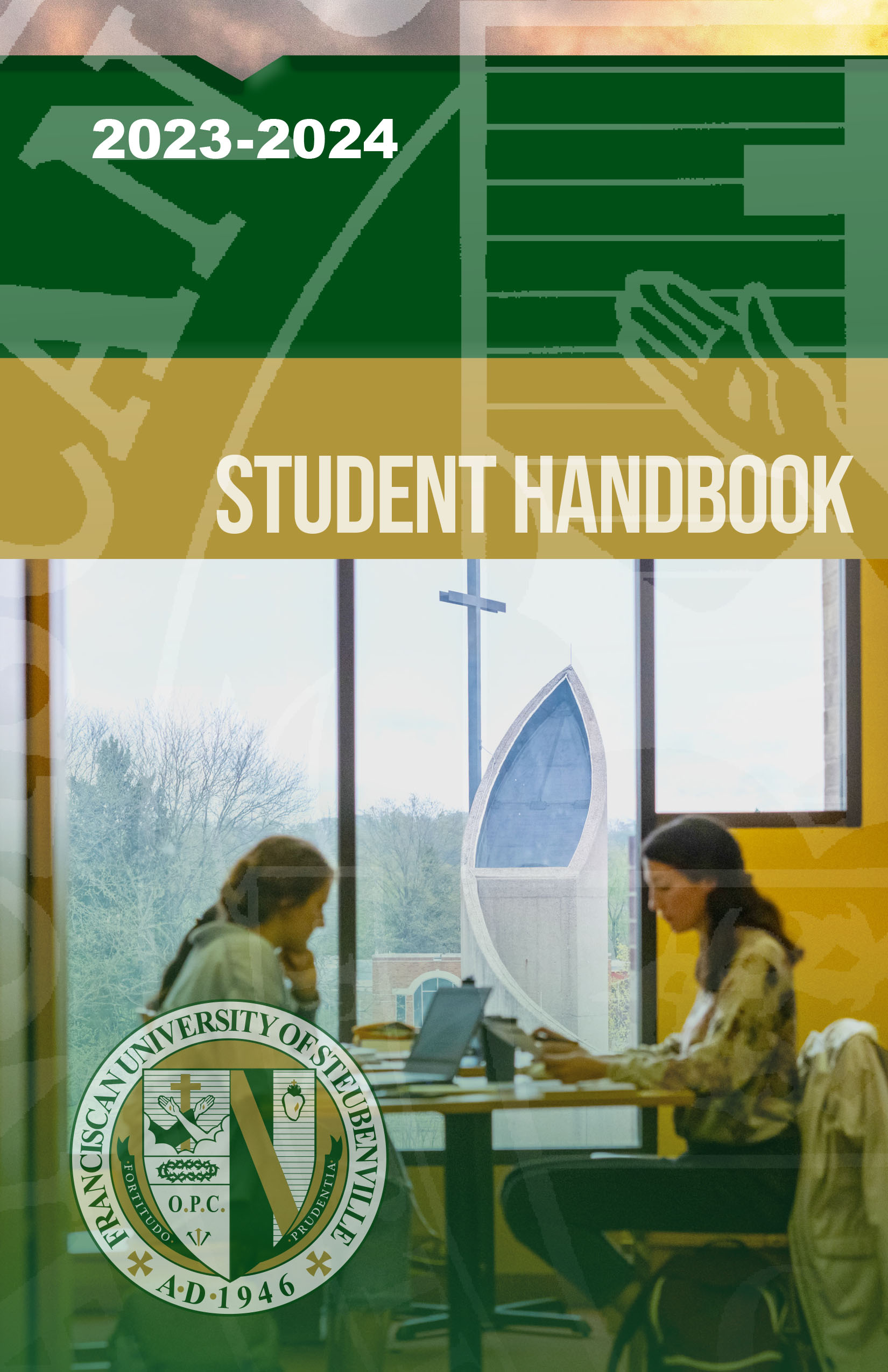 Picture students studying in library. Chapel can be seen through window.